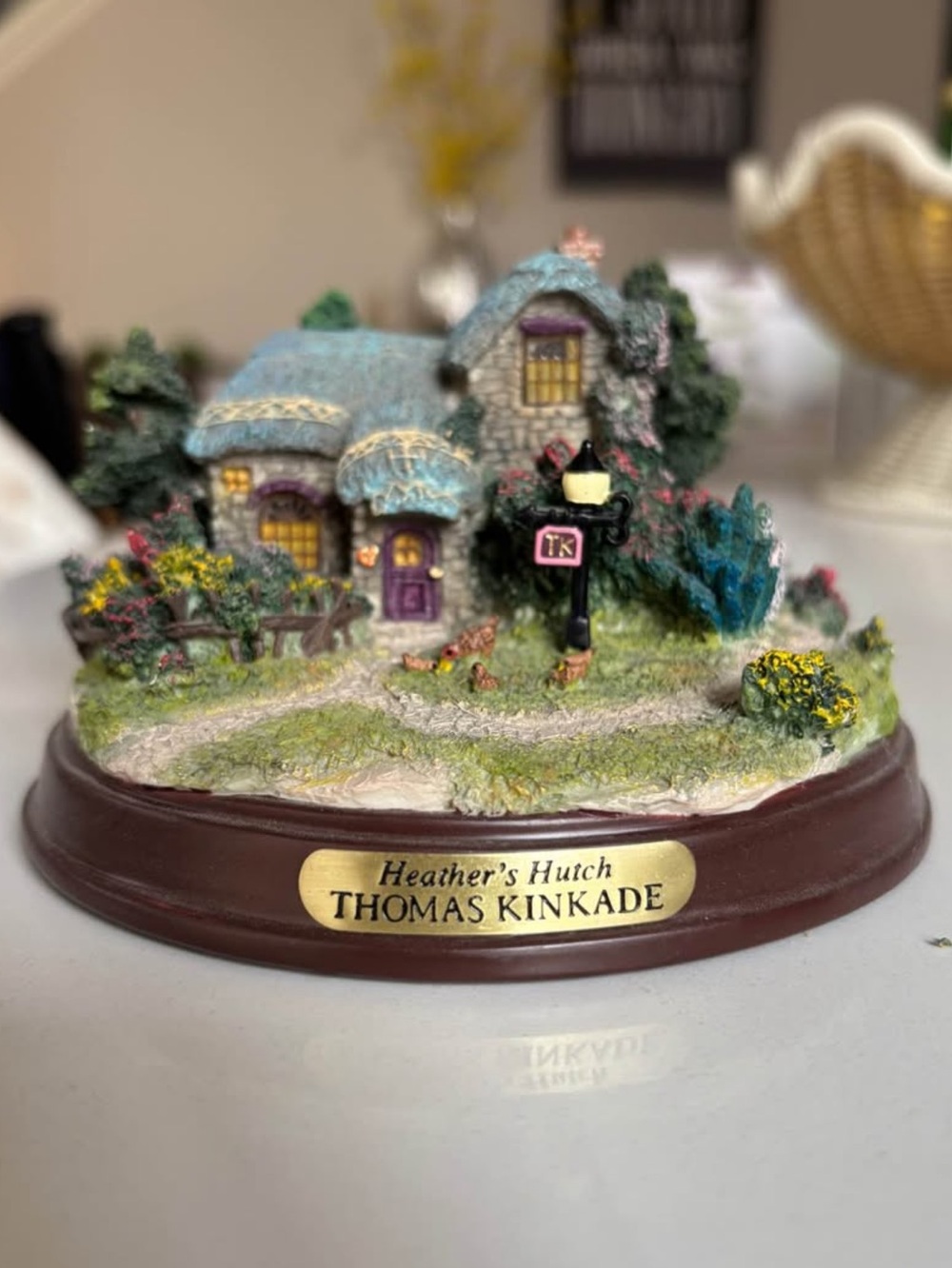 Thomas Kinkade Cottage Figurine - Blue Roof, Purple Door, Green Garden